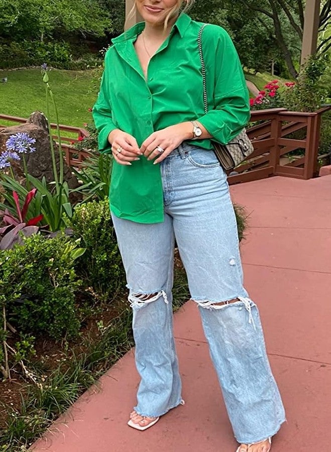 BIG DART Oversized Button Down Shirts for Women, Dressy Casual Long Sleeve Blouses Summer Tops Tunics (US, Alpha, Medium, Regular, Regular, Dark Green) - Image 3